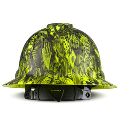 Full Brim Pyramex Hi Vis Lime Hard Hat, Custom Casino Fatale Design, Safety Helmet, 6 Point