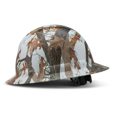 Full Brim Pyramex Hard Hat, Custom Forest Fall Camo, White Hat Camo Design, Safety Helmet, 6 Point
