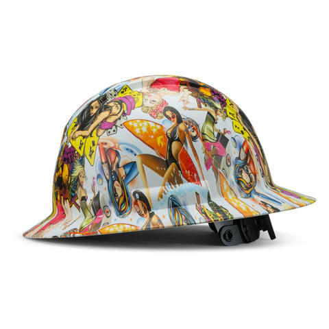 Full Brim Pyramex Hard Hat, Custom Lady Luck Design, Safety Helmet, 6 Point