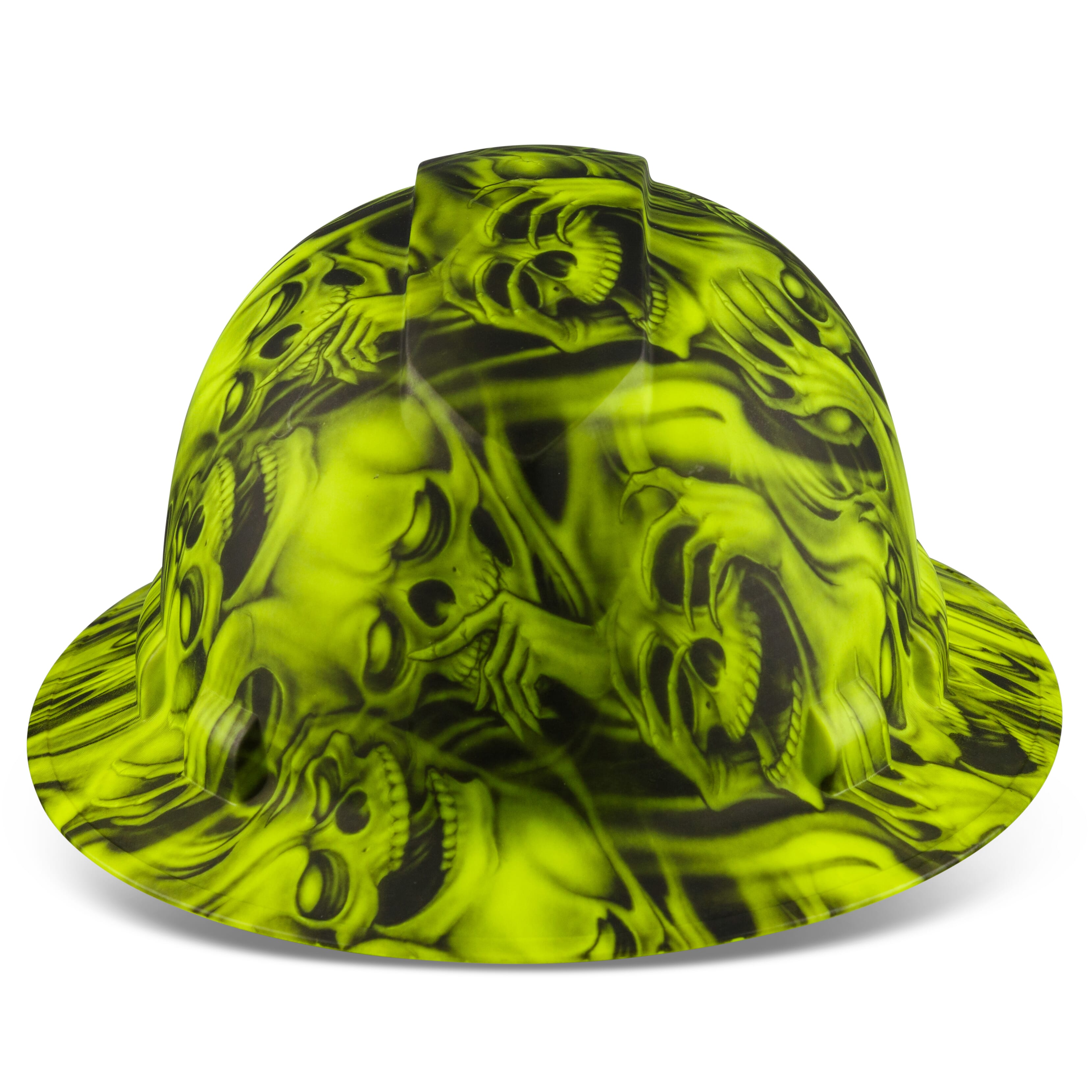 Full Brim Pyramex Hi Vis Lime Hard Hat, Custom Three Wise Skulls Design, Safety Helmet, 6 Point
