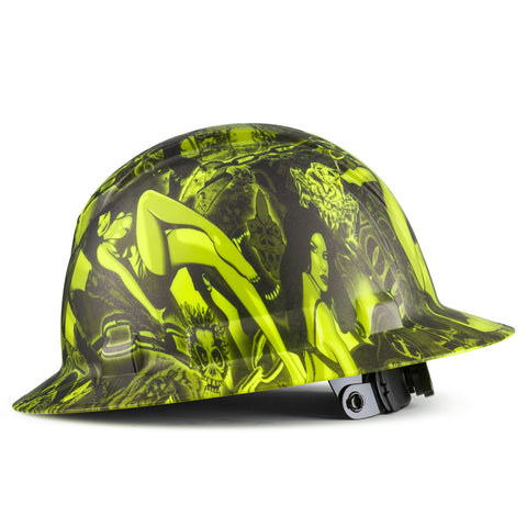 Full Brim Pyramex Hi Vis Lime Hard Hat, Custom Ladykiller Design, Safety Helmet, 6 Point