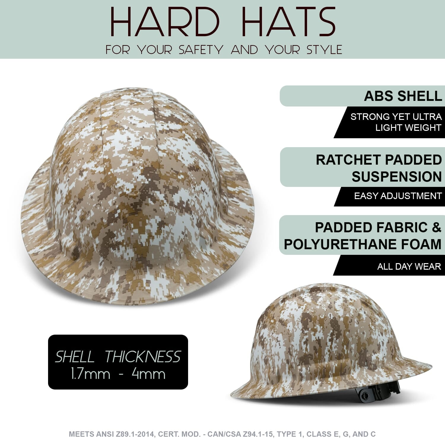Full Brim Pyramex Hard Hat, Custom Desert Storm Camo Design, Safety Helmet, 6 Point