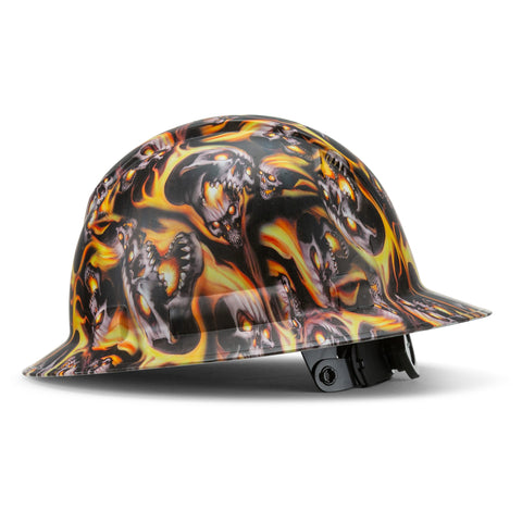 Full Brim Pyramex Hard Hat, Custom Down In Flames Design, Safety Helmet, 6 Point