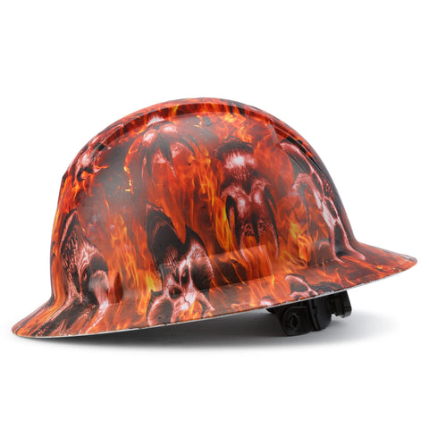 Full Brim Pyramex Hard Hat, Custom Flaming Demons Design, Safety Helmet, 6 Point