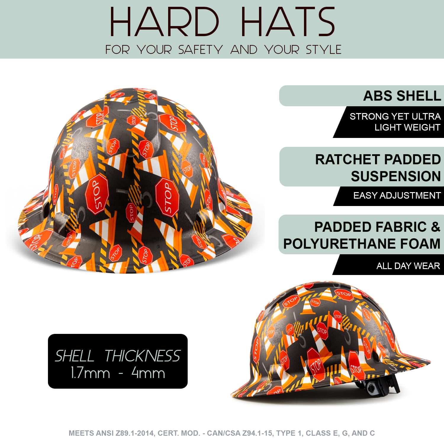 Full Brim Pyramex Hard Hat, Custom Construction Ahead Design, Safety Helmet, 6 Point