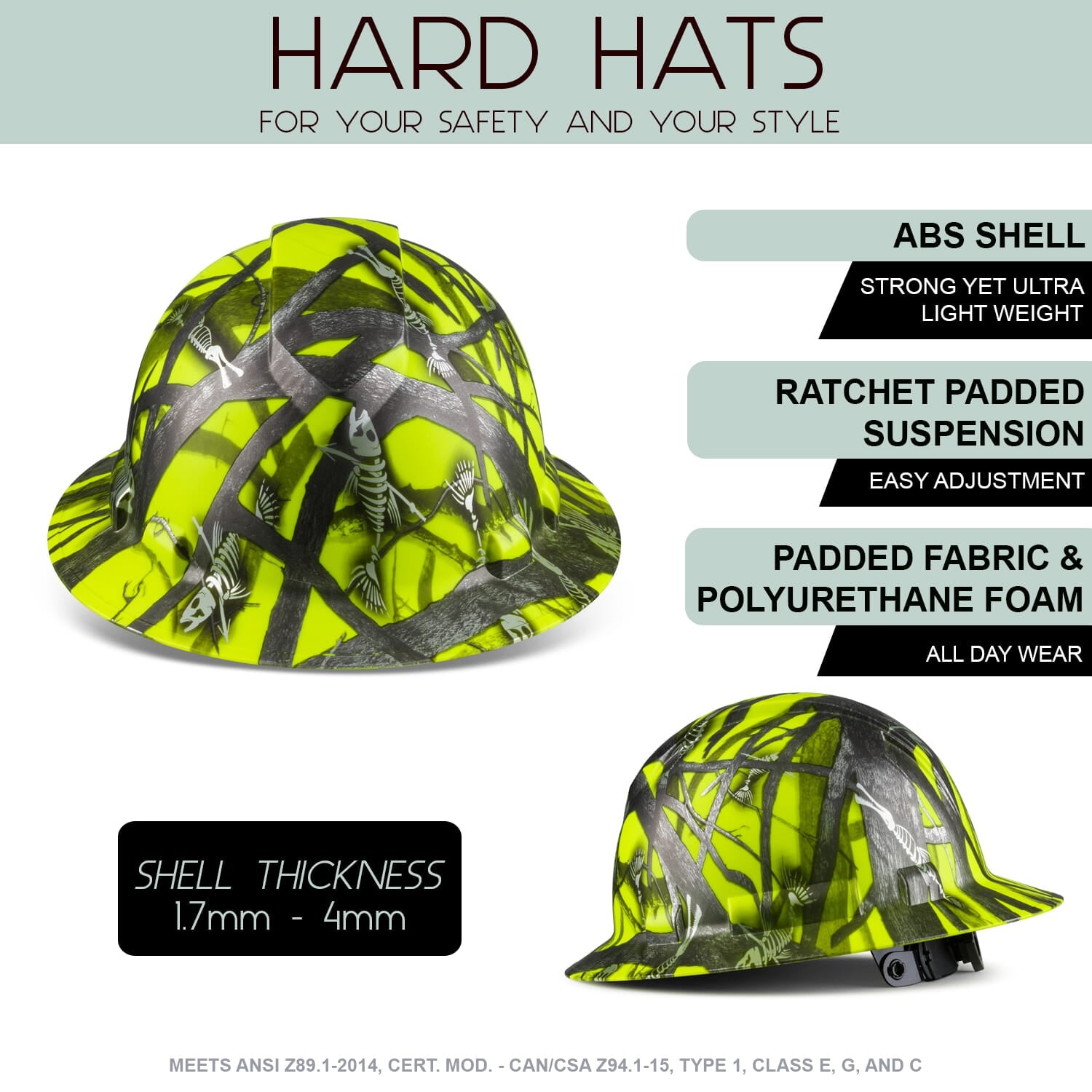 Full Brim Pyramex Hi Vis Lime Hard Hat, Custom Fishbone Design, Safety Helmet, 6 Point