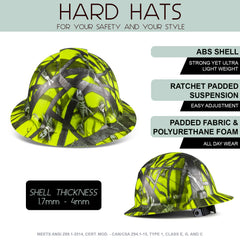 Full Brim Pyramex Hi Vis Lime Hard Hat, Custom Fishbone Design, Safety Helmet, 6 Point