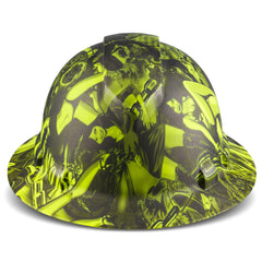 Full Brim Pyramex Hi Vis Lime Hard Hat, Custom Ladykiller Design, Safety Helmet, 6 Point