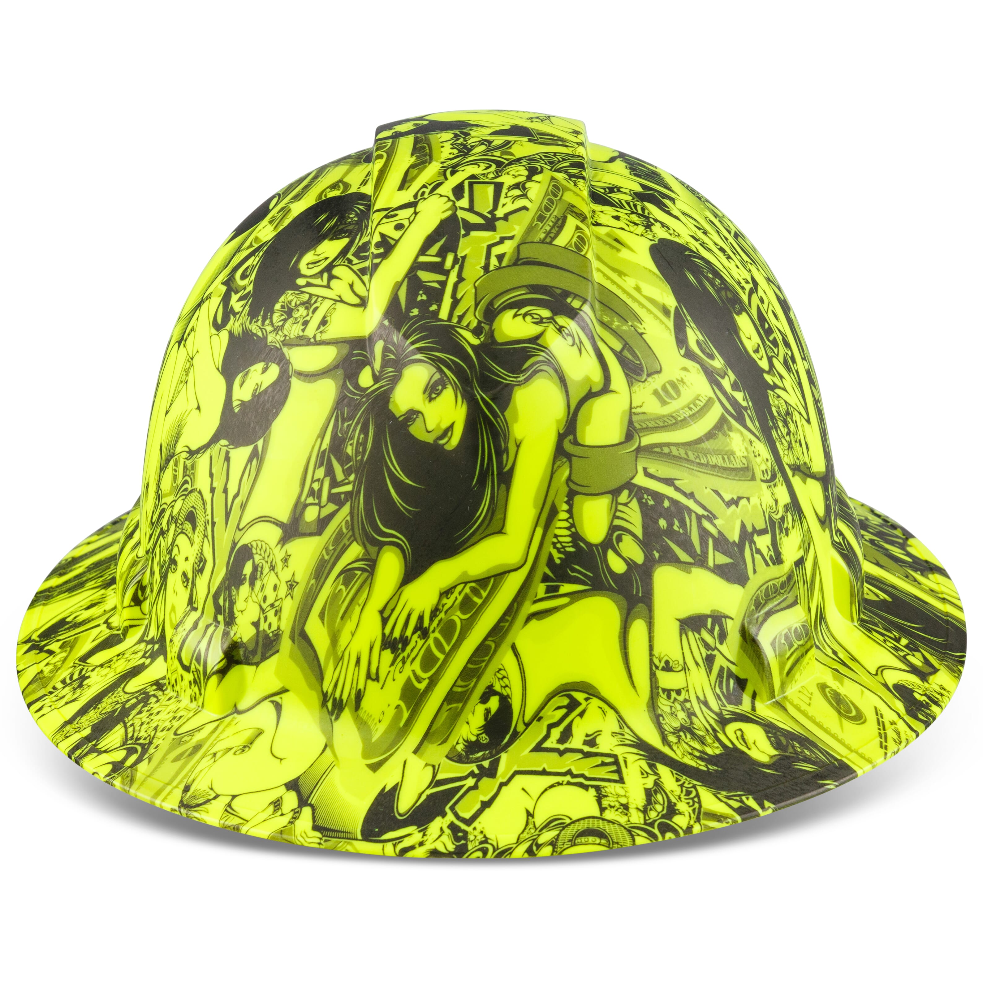 Full Brim Pyramex Hi Vis Lime Hard Hat, Custom Money And Honeys Design, Safety Helmet, 6 Point