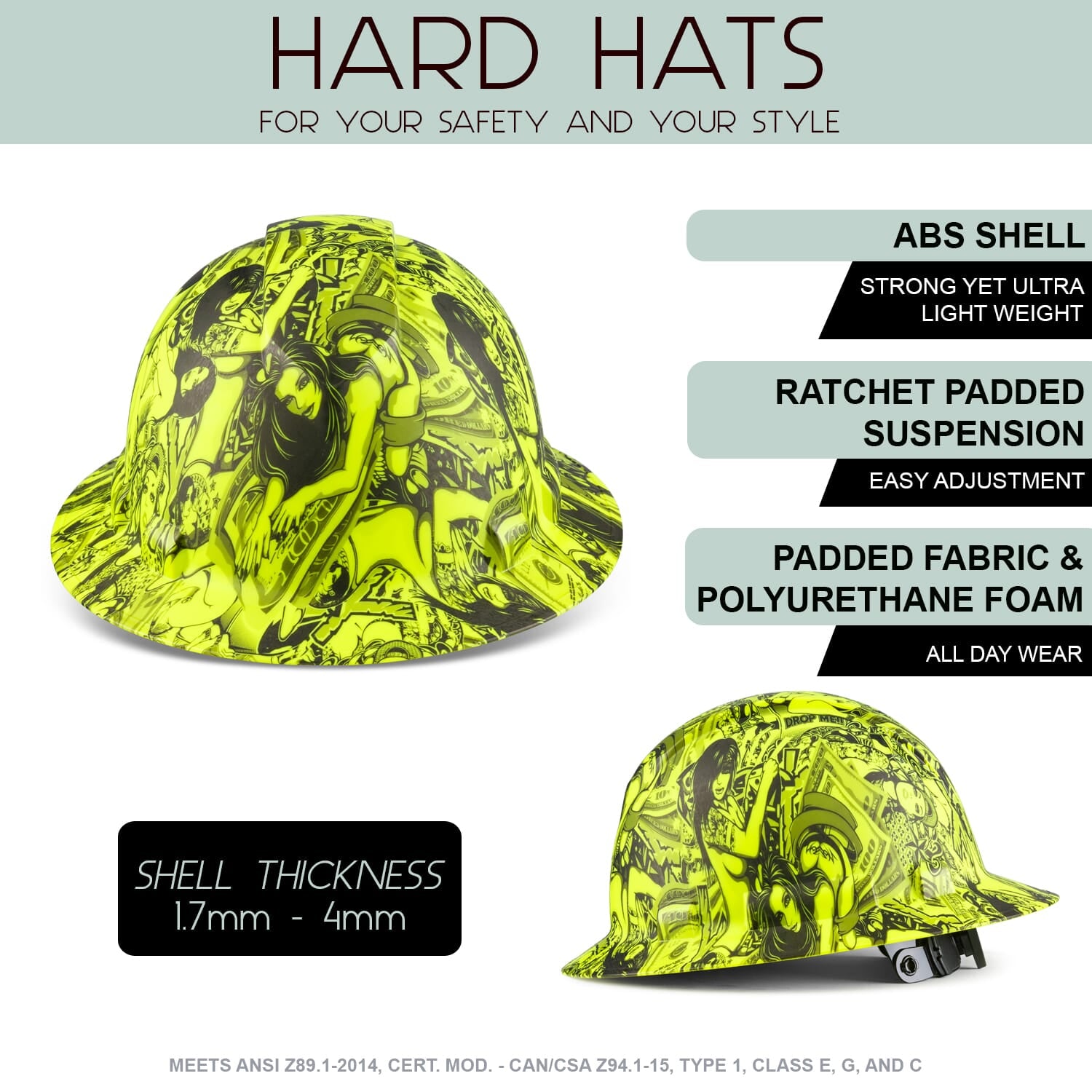 Full Brim Pyramex Hi Vis Lime Hard Hat, Custom Money And Honeys Design, Safety Helmet, 6 Point