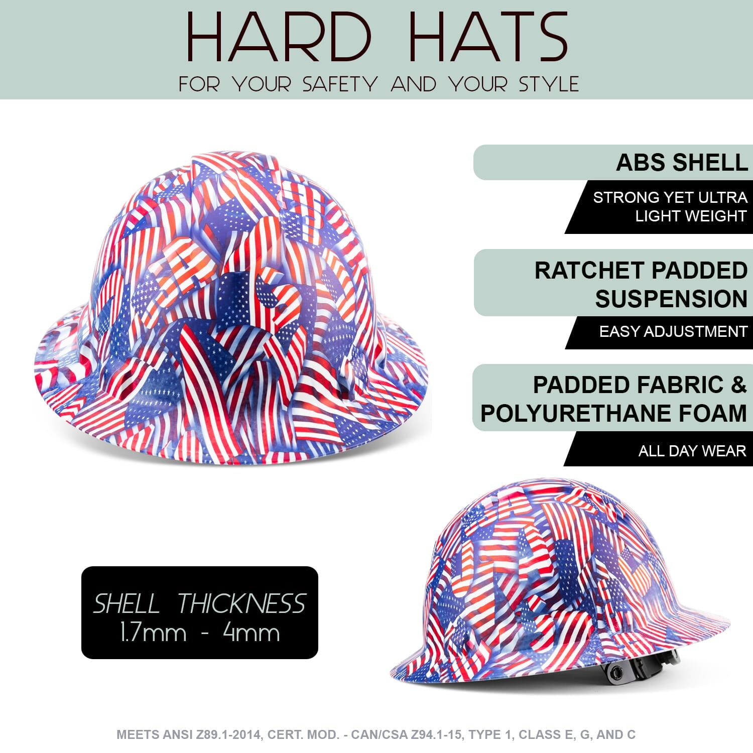 Full Brim Pyramex Hard Hat, Custom Stars And Stripes Design, Safety Helmet, 6 Point