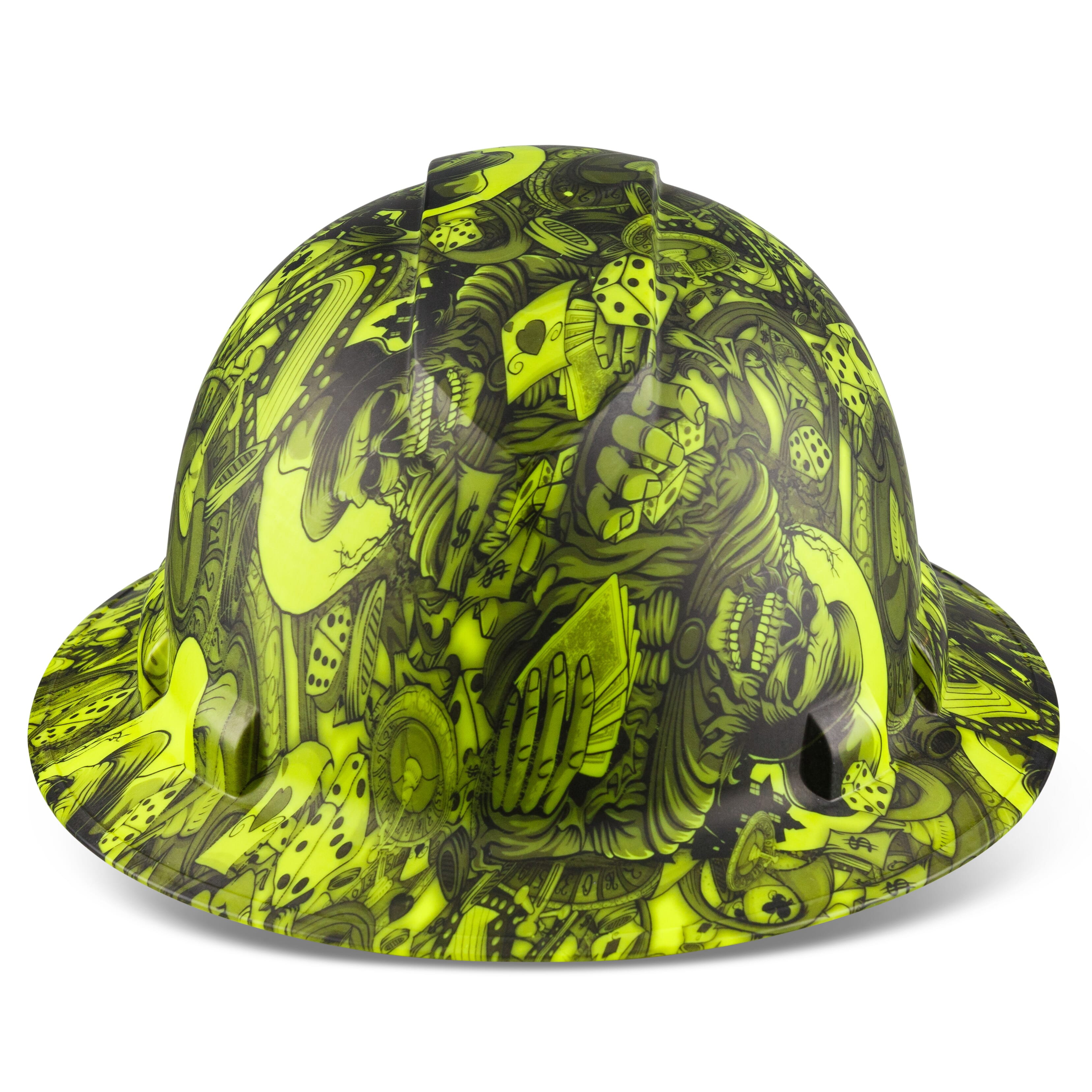 Full Brim Pyramex Hi Vis Lime Hard Hat, Custom Casino Fatale Design, Safety Helmet, 6 Point