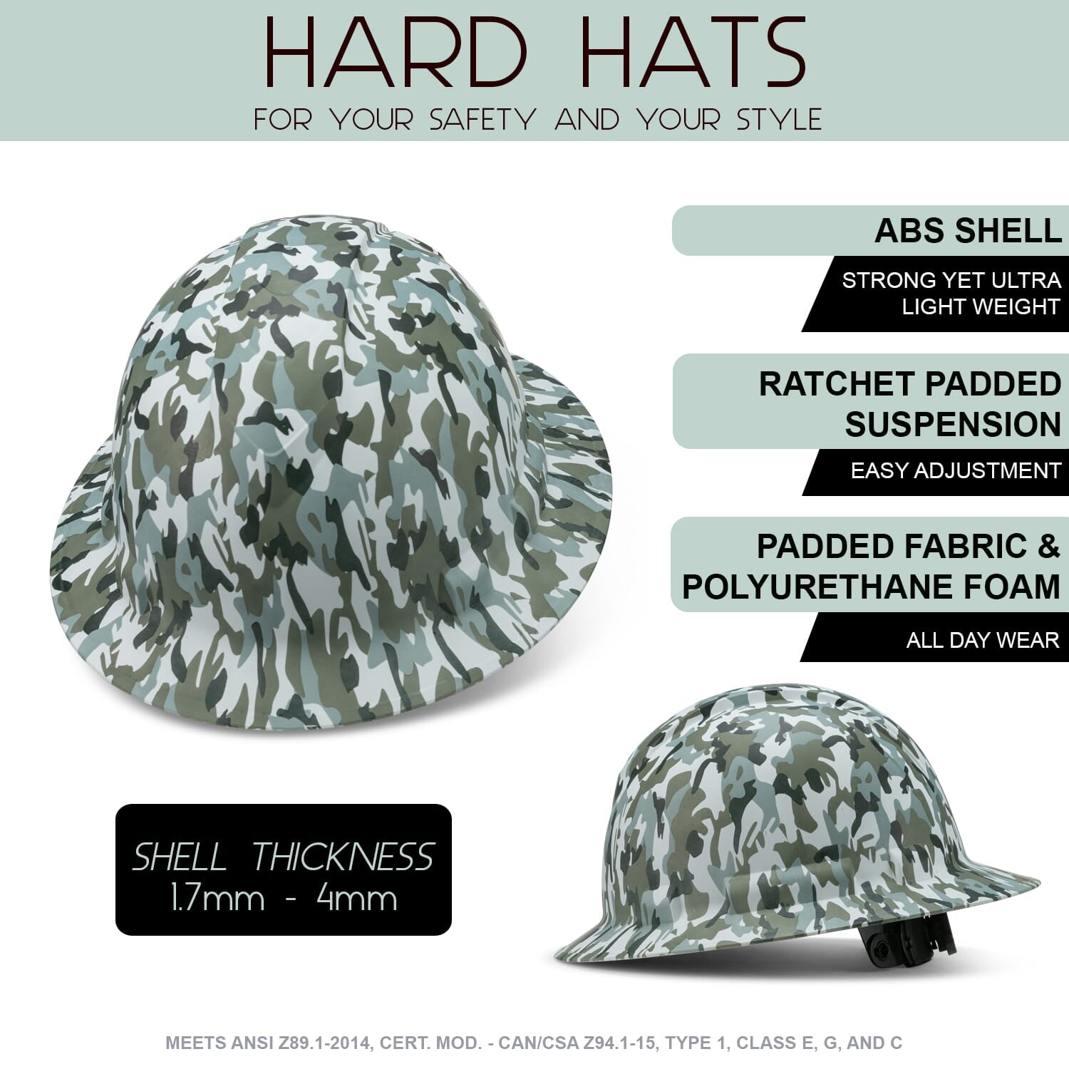 Full Brim Pyramex Hard Hat, Custom Rocky Camo Design, Safety Helmet, 6 Point