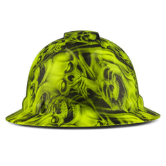 Full Brim Pyramex Hi Vis Lime Hard Hat, Custom Three Wise Skulls Design, Safety Helmet, 6 Point