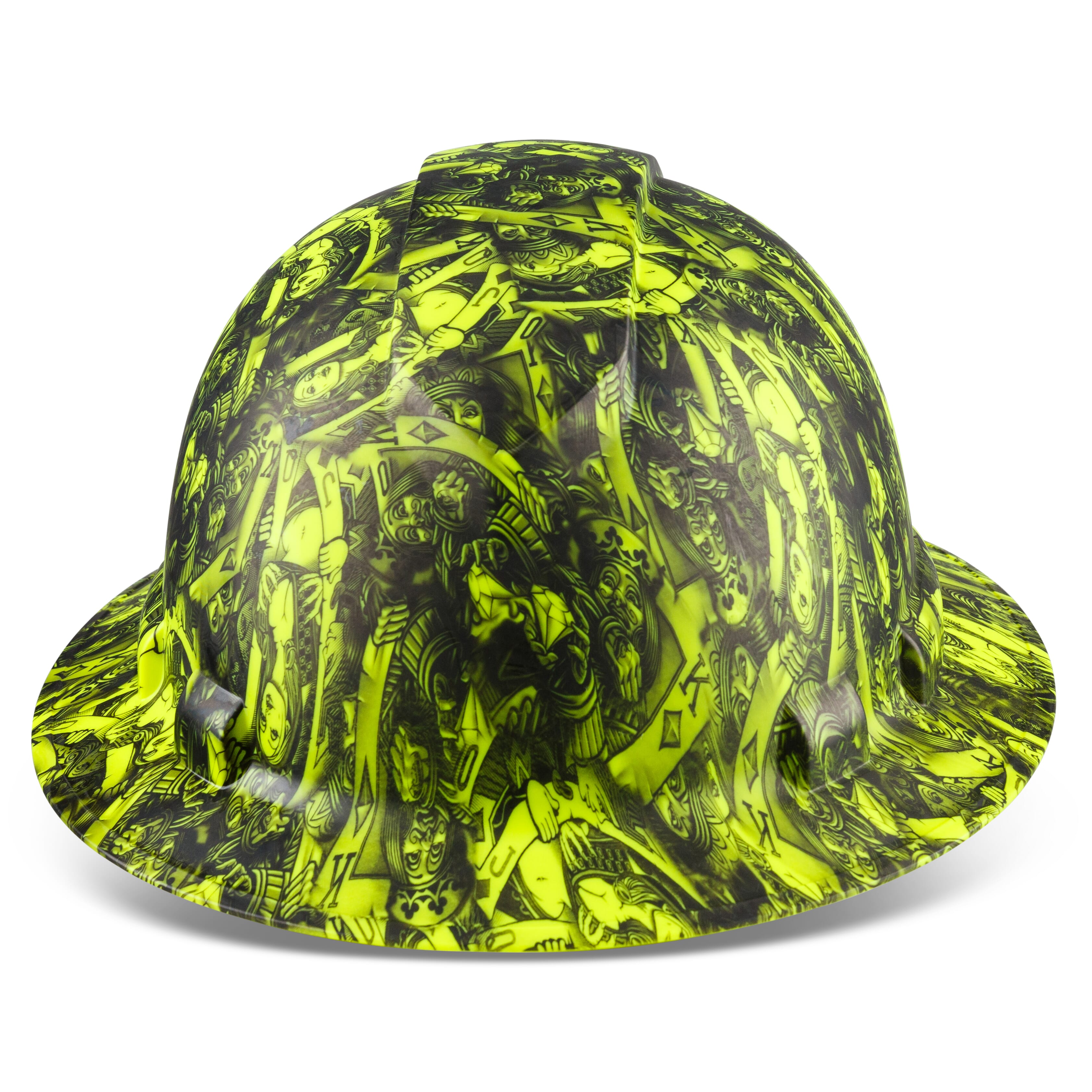 Full Brim Pyramex Hi Vis Lime Hard Hat, Custom Queen Of Hearts Design, Safety Helmet, 6 Point
